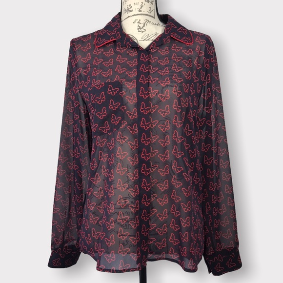 BLUGIRL FOLIES, Sheer Button Down Blouse with Butterfly Pattern, Size 10 - Picture 2 of 16
